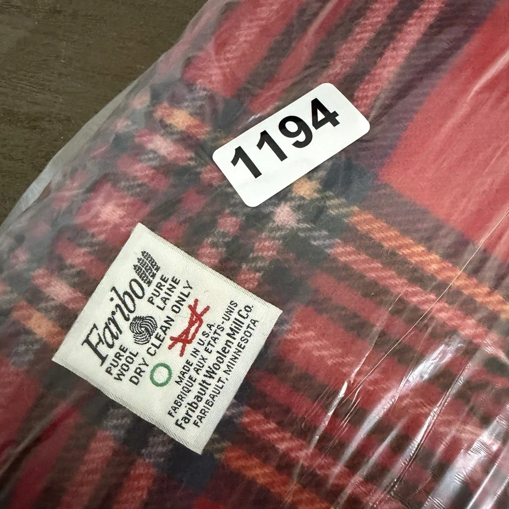 Vtg Faribo Wool Throw Blanket Faribault Woolen Mill Red Plaid Fringe Made in USA